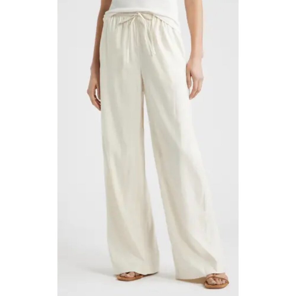 Chaus Ivory Linen Wide-Leg Pants Drawstring Pockets Relaxed Laganlook Women L